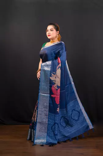 Blue floral printed soft gaji art silk blend saree with weaving jequarad border