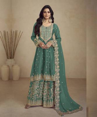 Designer teal green chinon silk embroidered Palazzo suit 1