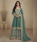 Designer teal green chinon silk embroidered Palazzo suit