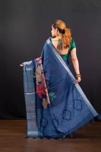 Blue floral printed soft gaji art silk blend saree with weaving jequarad border