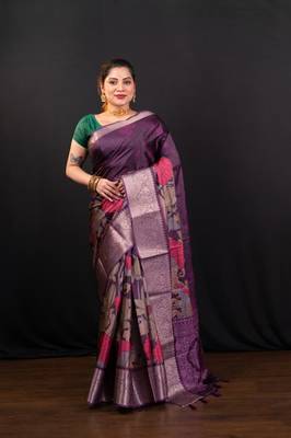 Wine floral printed soft gaji art silk blend saree with weaving jequarad border 1
