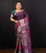 Wine floral printed soft gaji art silk saree with weaving jequarad border