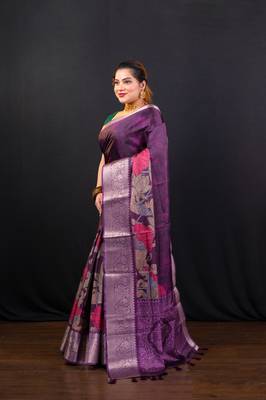Wine floral printed soft gaji art silk blend saree with weaving jequarad border 2