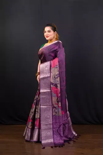 Wine floral printed soft gaji art silk blend saree with weaving jequarad border