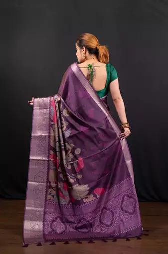 Wine floral printed soft gaji art silk blend saree with weaving jequarad border