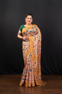 Yellow floral jaal printed soft tussar art silk saree 1