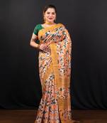 Yellow floral jaal printed soft tussar art silk saree
