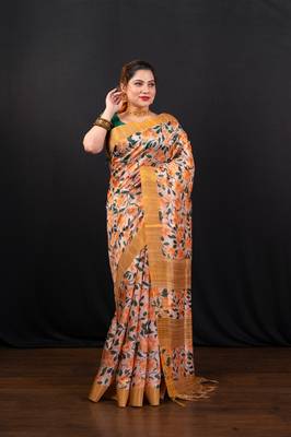 Yellow floral jaal printed soft tussar art silk saree 2