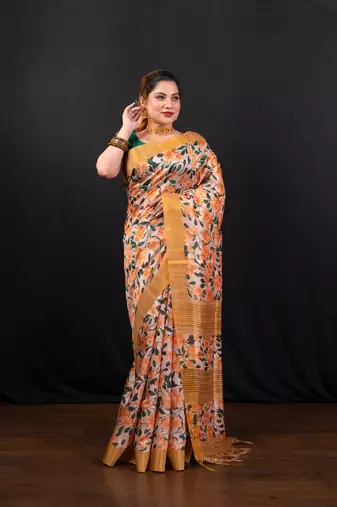 Yellow floral jaal printed soft tussar art silk saree