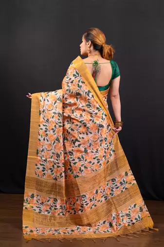 Yellow floral jaal printed soft tussar art silk saree