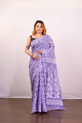 Purple cotton jamdani saree with offwhite floral woven motifs 1