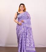 Purple cotton jamdani saree with offwhite floral woven motifs