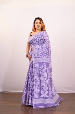 Purple cotton jamdani saree with offwhite floral woven motifs 2