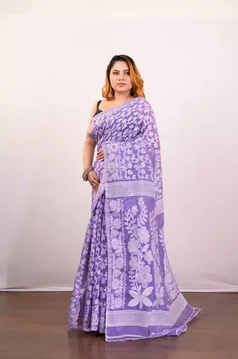 Purple cotton jamdani saree with offwhite floral woven motifs