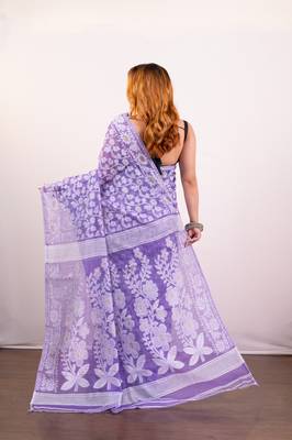 Purple cotton jamdani saree with offwhite floral woven motifs 3