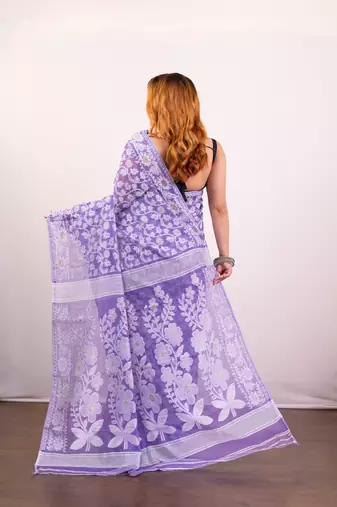 Purple cotton jamdani saree with offwhite floral woven motifs