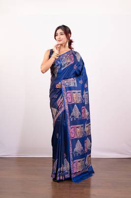 Ink blue handpainted  bishnupur katan silk blend saree 1