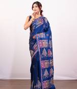 Ink blue handpainted pure bishnupur katan silk saree