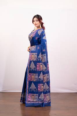 Ink blue handpainted  bishnupur katan silk blend saree 2