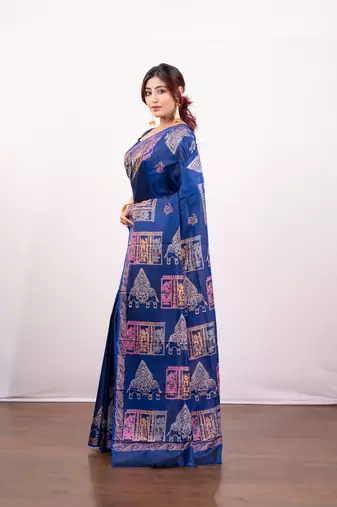 Ink blue handpainted  bishnupur katan silk blend saree