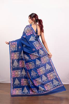 Ink blue handpainted  bishnupur katan silk blend saree 3