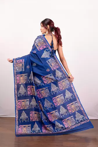 Ink blue handpainted  bishnupur katan silk blend saree