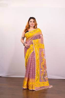 Peach and yellow cotton jamdani saree with multi woven motifs 1