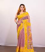 Peach and yellow cotton jamdani saree with multi woven motifs