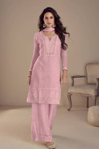 Designer baby pink georgette embroidered Palazzo suit