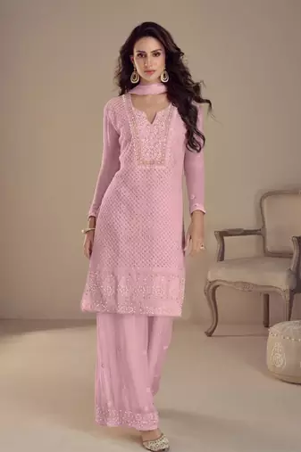 Designer baby pink georgette embroidered Palazzo suit