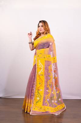 Peach and yellow cotton jamdani saree with multi woven motifs 2