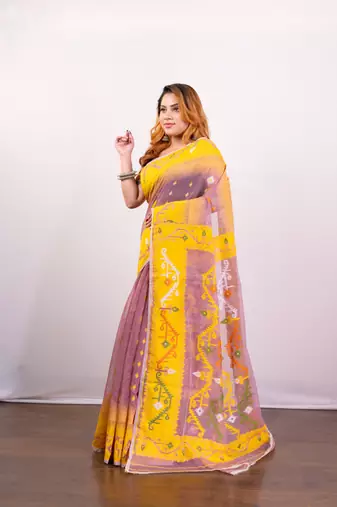 Peach and yellow cotton jamdani saree with multi woven motifs
