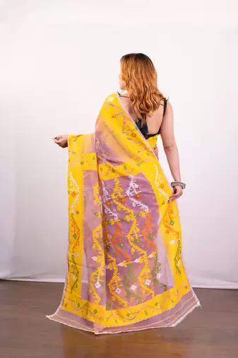 Peach and yellow cotton jamdani saree with multi woven motifs