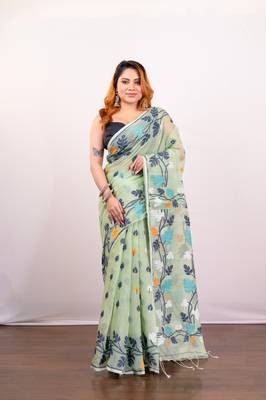 Mint green cotton jamdani saree with  multi leaf motifs 1