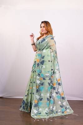 Mint green cotton jamdani saree with  multi leaf motifs 2