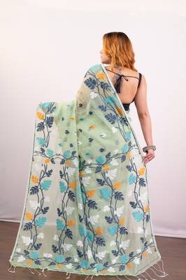 Mint green cotton jamdani saree with  multi leaf motifs 3