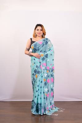Maya blue cotton jamdani saree with multi woven leaf motifs 1