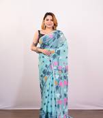 Maya blue cotton jamdani saree with multi woven leaf motifs