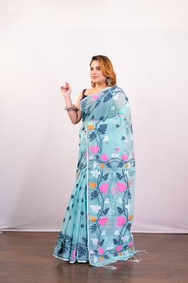 Maya blue cotton jamdani saree with multi woven leaf motifs 2