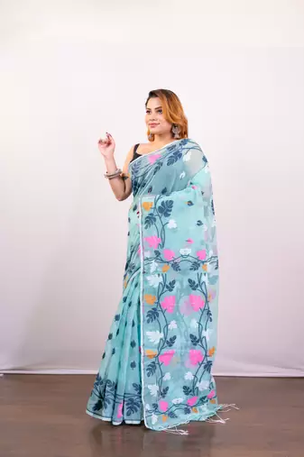 Maya blue cotton jamdani saree with multi woven leaf motifs