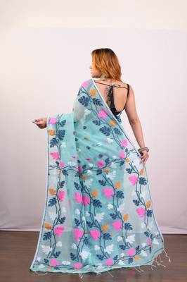 Maya blue cotton jamdani saree with multi woven leaf motifs 3