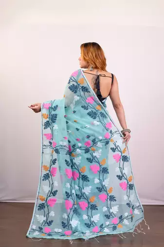 Maya blue cotton jamdani saree with multi woven leaf motifs