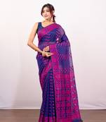 Ink blue cotton jamdani saree with pink  woven motifs