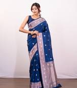 Blue pure banarasi katan silk saree with silver zari booti and border pallu