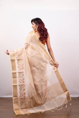 Beige organza art silk saree with golden zari floral border 3