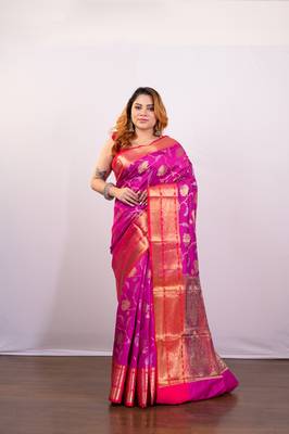 Pink banarasi art silk blend saree with golden floral motifs 1