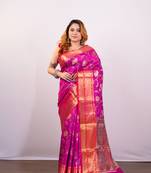 Pink banarasi art silk saree with golden floral motifs