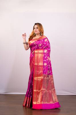 Pink banarasi art silk blend saree with golden floral motifs 2