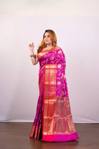 Pink banarasi art silk blend saree with golden floral motifs