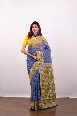 Blue cotton jamdani saree with multi booti and yellow woven border pallu 1